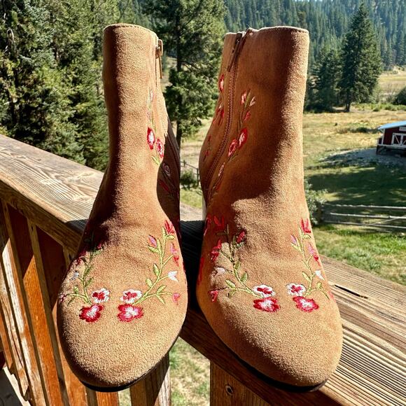 Embroidered Floral Block Heel Booties Womens SZ 5/36 Boho Western Fairy Artisan - Picture 7 of 13